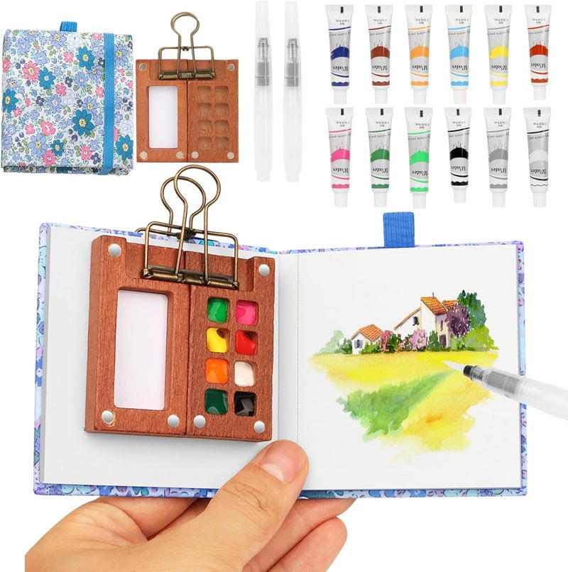 BLSFXROE Travel Watercolor Set，Mini Paint Palette Travel kit，Mini Water Color Paint Set，Wooden 8 Grid Paint Box,12 Colors Small Watercolor Sketchbook for Artists Painters Students (12-Blue) - Image 1